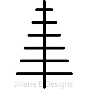 Pode incluir: Três ilustrações em preto e branco de árvores de Natal estilizadas. A primeira árvore tem linhas horizontais, a segunda tem linhas verticais e a terceira tem linhas diagonais.