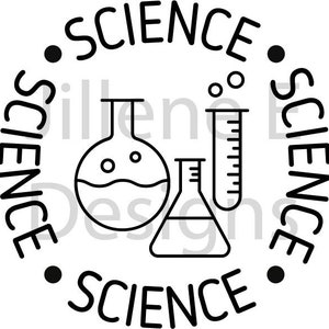 May include: Black and white illustration of three science lab equipment: a beaker, a flask, and a graduated cylinder. The illustration is surrounded by the word "SCIENCE" repeated four times.