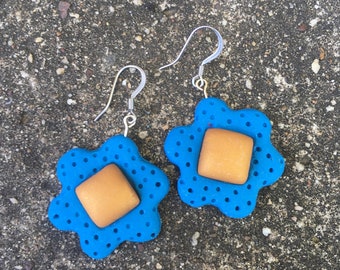 Blue and gold Flowers | Dangle Post Earrings |Hypoallergenic | Polymer Clay | Ready to ship