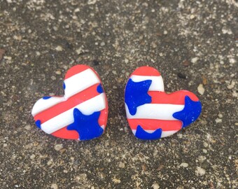 Stars and Stripes | Heart | Dangle Post Earrings |Hypoallergenic | Polymer Clay | Ready to ship