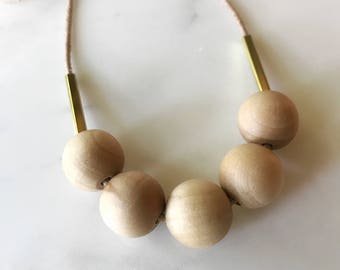 Wood Bead and Brass Bar Necklace - Natural