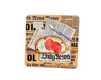 Salami bread - collage - mixed media - food collage - paper - wood - 20 x 20 cm