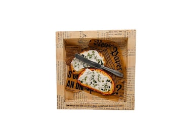 Schnittlauchbrot - Collage - Mixedmedia - Foodcollage -Papier - Holz - 15 x 15 cm