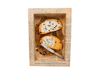 Chive bread - collage - mixed media - food collage - paper - wood - 18 x 12 cm