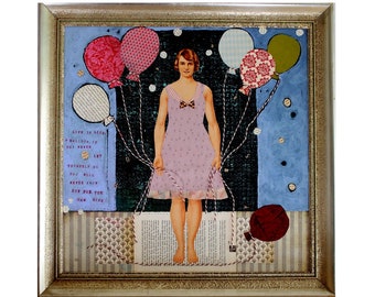 Collage - MixedMedia- Kunst - Malerei - Papier- Porträt- Papiercollage  - Artcollage- Alter Holzrahmen -56x56 cm- Life is like a balloon