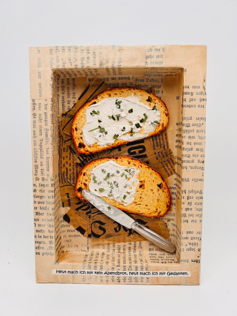 Chive bread collage mixed media food collage paper wood 18 x 12 cm image 3