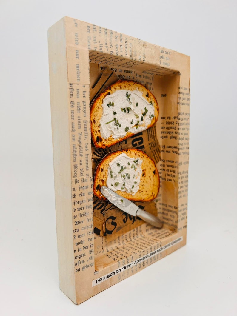 Chive bread collage mixed media food collage paper wood 18 x 12 cm image 7