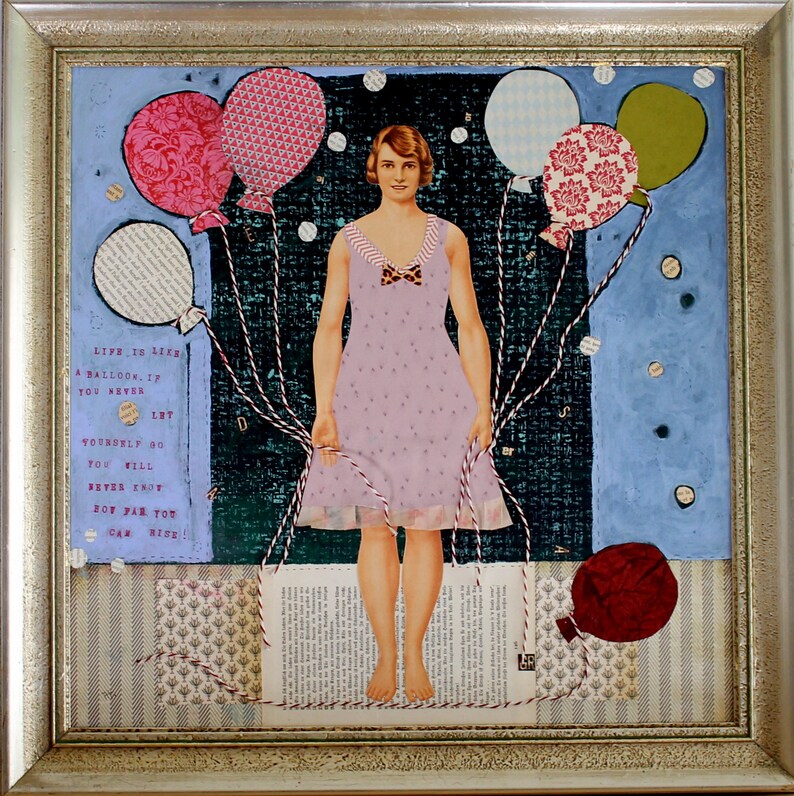 Collage MixedMedia Kunst Malerei Papier Porträt Papiercollage Artcollage Alter Holzrahmen 56x56 cm Life is like a balloon Bild 3