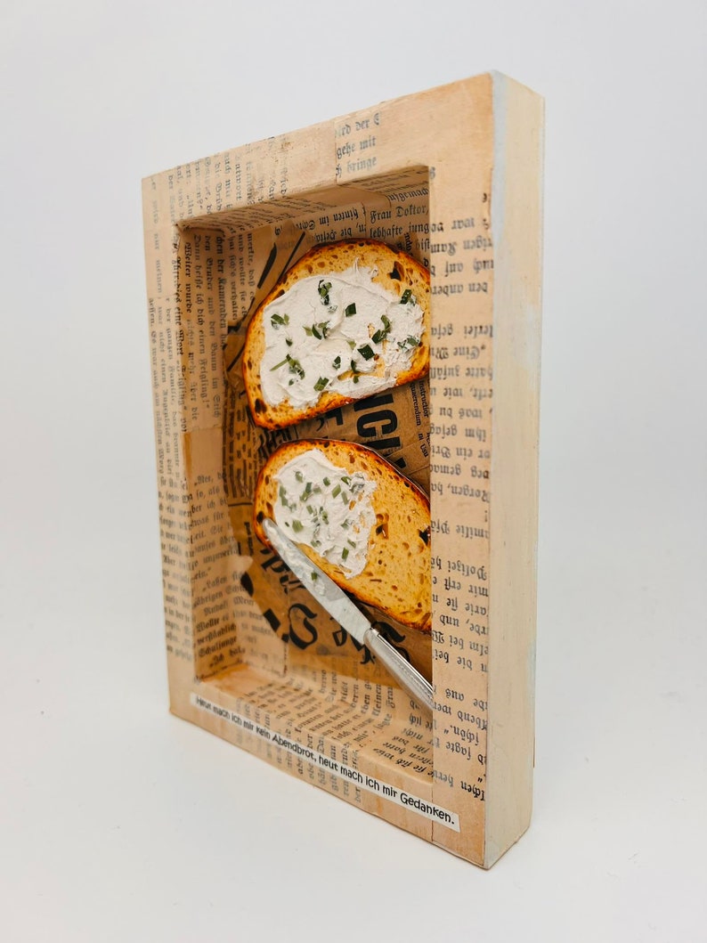 Chive bread collage mixed media food collage paper wood 18 x 12 cm image 2