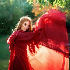 Red tulle cape, Sheer hooded cloak, Wicca cloak, Fantasy elven cape, Red wedding cape, LARP costume, Halloween clothing | Worldwide shipping