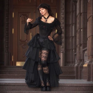 Black gothic wedding dress, Ruffle skirt, Tight lacing corset, Vampire ball gown, Alternative wedding
