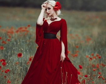 Fantasy wedding dress, Red gothic dress, Renaissance Fair dress, Fairy elven dress, Ren faire dress