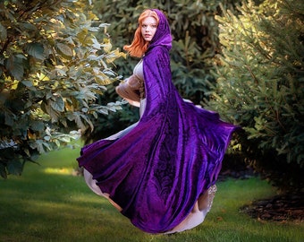 Velvet fantasy cape, Purple hooded cloak, LARP costume, Halloween clothing