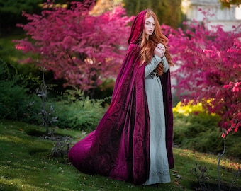 Velvet fantasy cape, Magenta red hooded cloak, LARP costume