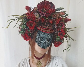 Ukrainian witch headdress, Flower headpiece, Gothic headdress, Skull headpiece, Pagan headdress, Flower crown