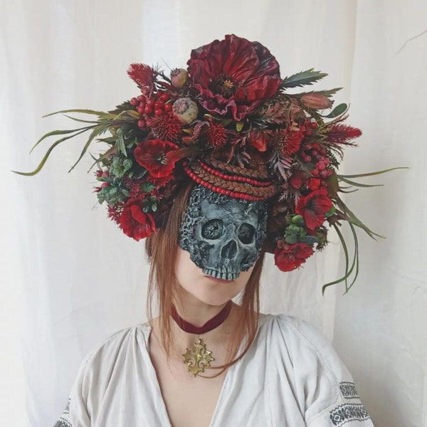 Ukrainian witch headdress, Flower headpiece, Gothic headdress, Skull headpiece, Pagan headdress, Flower crown