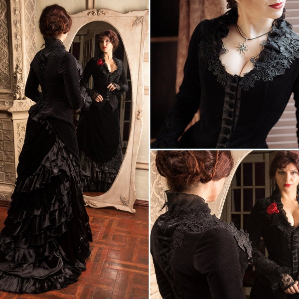 Black Victorian dress, Historical costume, Velvet victorian jacket and bustle skirt Crimson peak, Victorian wedding, Gilded Age dress