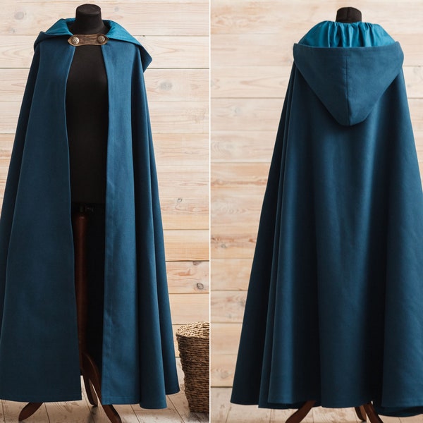 Mantel van veganistische wol met capuchon, middeleeuwse fantasiemantel met capuchon, blauwgroene cape met capuchon, LARP-kostuum