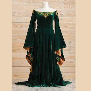 Green velvet elven dress, Fantasy dress, Fairy wedding dress, LARP clothing, Ren faire dress