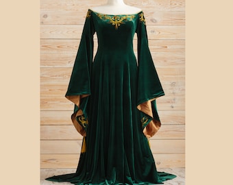 Green velvet elven dress, Fantasy dress, Fairy wedding dress, LARP clothing, Ren faire dress