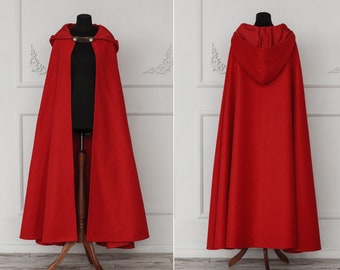 Vegan wool cloak with hood, Medieval fantasy hooded cloak, Red hooded cape, LARP costume