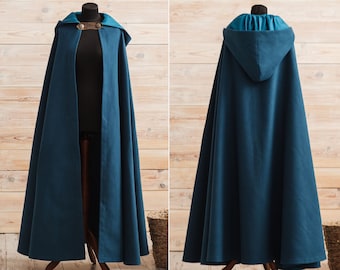 Vegan wool cloak with hood, Medieval fantasy hooded cloak, Blue-green hooded cape, LARP costume