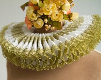 Gorguera isabelina, gorguera Tudor blanca y dorada, cuello con volantes renacentista