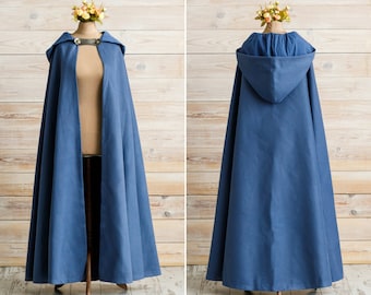 Vegan wool cloak with hood, Medieval fantasy hooded cloak, Blue hooded cape, LARP costume