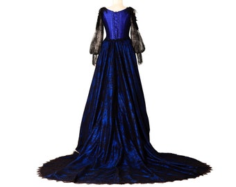 Midnight blue silk gothic dress, Couture gothic wedding dress, Long train dress