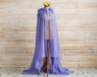 Purple tulle cape, Sheer hooded cloak, Wicca cloak, Fantasy elven cape, Lilac wedding cape, LARP costume, Halloween | USA domestic shipping