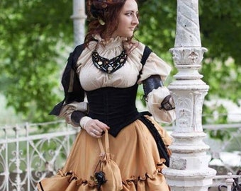 Klaar voor verzending! Victoriaanse Steampunk-jurk, Bustle-rok, katoenen overhemd en fluwelen korset onder de buste, jurk van Madame Trentoni