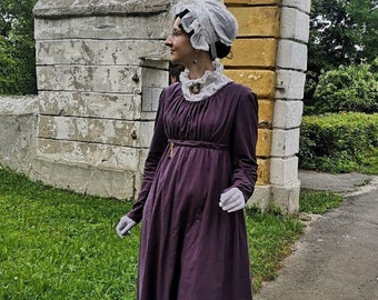 Violet regency day dress, Reenactment gown, Jane Austen dress, Regency long sleeves