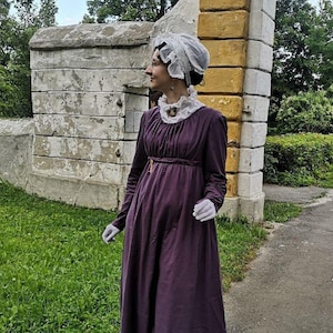 Violet regency day dress, Reenactment gown, Jane Austen dress, Regency long sleeves