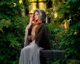 Short wool cloak with hood, Fantasy medieval cloak, Hooded cape, LARP costume