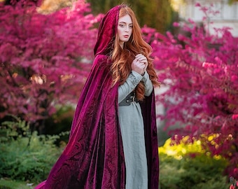 Velvet fantasy cape, Magenta red hooded cloak, LARP costume | USA domestic shipping