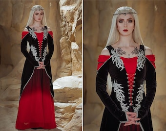 Gothic Drachen stil Kleid, Schwarz und Rot Fantasy Kleid mit ombre Chiffon Rock, Samt Elfen Kleid, Ren Faire Kostüm, Made to order