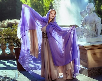 Purple tulle cape, Sheer hooded cloak, Wicca cloak, Fantasy elven cape, Lilac wedding cape, LARP costume | Worldwide shipping
