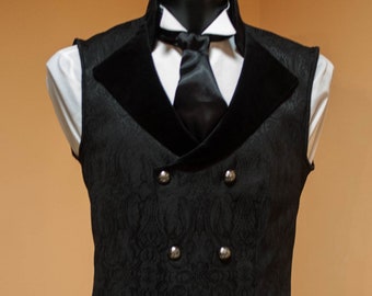 Zweireihige schwarze Herrenweste mit Samtkragen, Hochzeit im viktorianischen Stil, Gothic Weste, Steampunk Weste