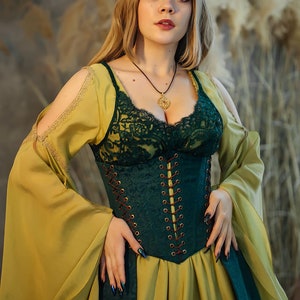 Green elvish fantasy dress, cottagecore cotton dress, Fairy costume, underbust jacquard corset, LARP costume, Made to order zdjęcie 4