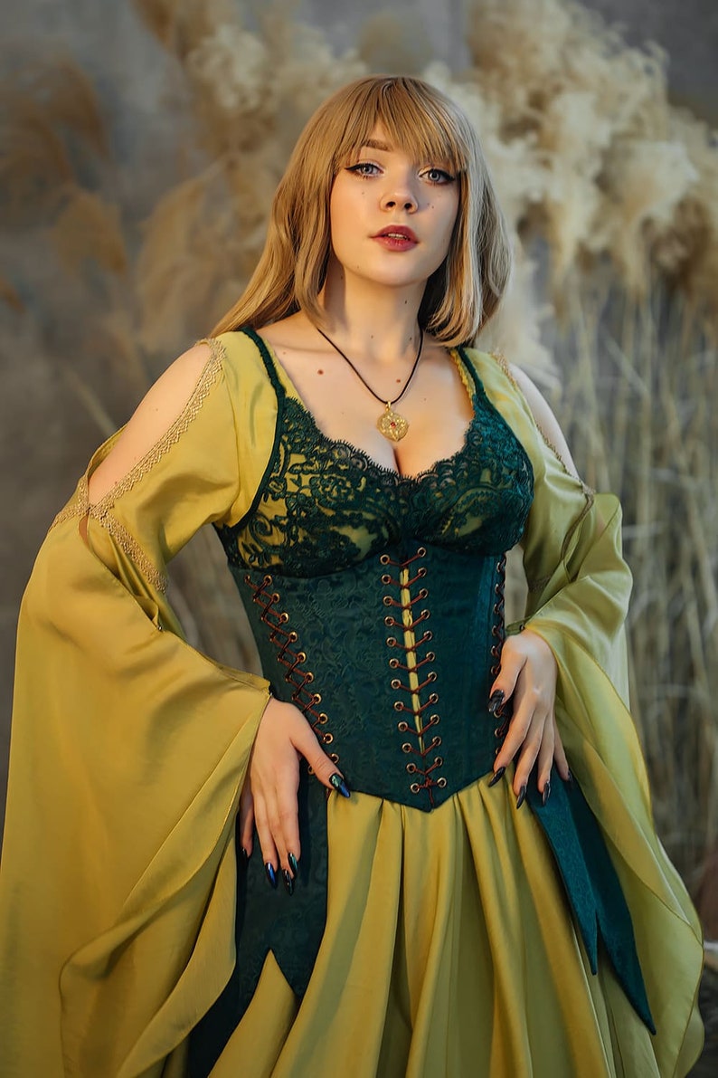 Green elvish fantasy dress, cottagecore cotton dress, Fairy costume, underbust jacquard corset, LARP costume, Made to order zdjęcie 4