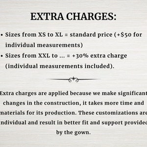 Puede incluir: Texto que explica los cargos adicionales por el tama&ntilde;o personalizado de la ropa. Las tallas XS a XL tienen el precio est&aacute;ndar, m&aacute;s 50 &euro; por las medidas individuales. Las tallas XXL y superiores tienen un cargo adicional del 30%, incluidas las medidas individuales.