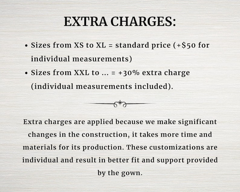 Puede incluir: Texto que explica los cargos adicionales por el tama&ntilde;o personalizado de la ropa. Las tallas XS a XL tienen el precio est&aacute;ndar, m&aacute;s 50 &euro; por las medidas individuales. Las tallas XXL y superiores tienen un cargo adicional del 30%, incluidas las medidas individuales.