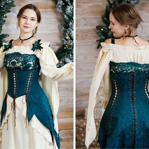 Cottagecore fantasy corset, fairycore 16th century woman clothing, underbust green corset, LARP costume, Renfair outfit