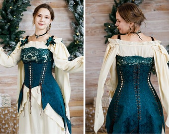 Cottagecore fantasy corset, fairycore 16th century woman clothing, underbust green corset, LARP costume, Renfair outfit