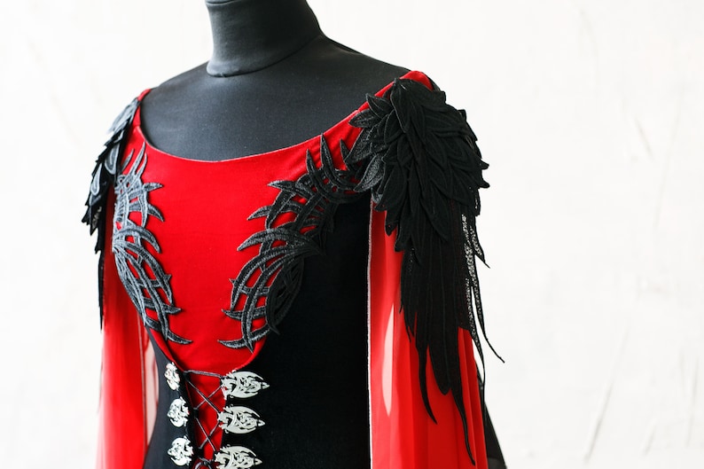 Gothic Fairy dragon style costume, Black and red fantasy gown with ombre chiffon sleeves, Velvet elven dress, Ren Faire dress, Made to order image 6