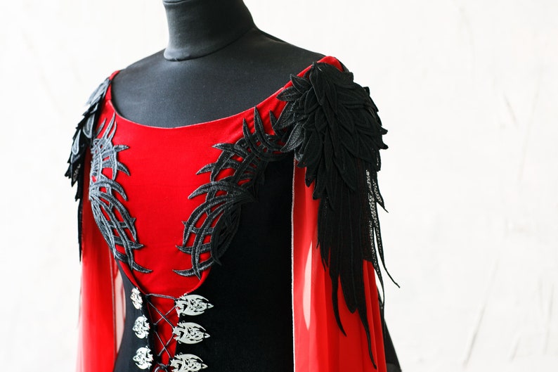 Gothic Fairy dragon style costume, Black and red fantasy gown with ombre chiffon sleeves, Velvet elven dress, Ren Faire dress, Made to order image 6