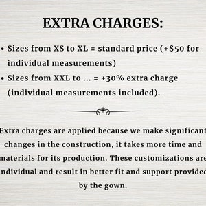May include: Text explaining extra charges for custom sizing of clothing. Sizes XS to XL are standard price, plus $50 for individual measurements. Sizes XXL and up are an additional 30% charge, with individual measurements included.
