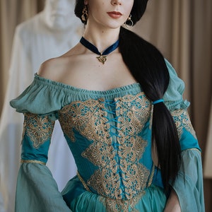 Italian blue renaissance dress with pantaloons and open skirt, Renaissance faire costume, Courtesan gown, Ren faire dress image 5
