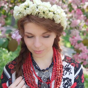 Ukrainian headdress , Wax flowers bridal headdress, Floral wedding headpiece, Ukrainian head wreath, White Headband image 2