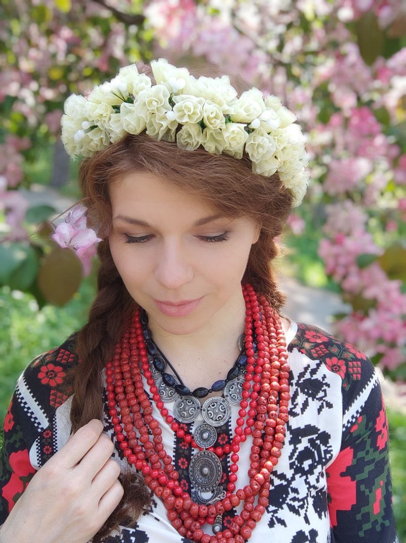 Ukrainian headdress , Wax flowers bridal headdress, Floral wedding headpiece, Ukrainian head wreath, White Headband image 2